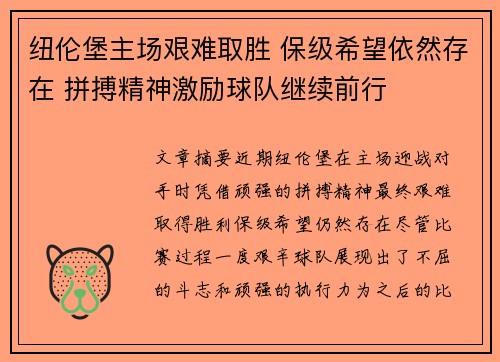 纽伦堡主场艰难取胜 保级希望依然存在 拼搏精神激励球队继续前行