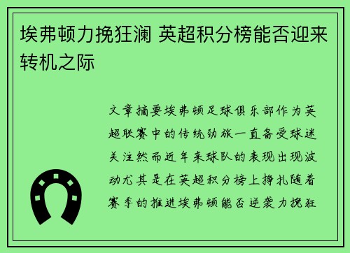 埃弗顿力挽狂澜 英超积分榜能否迎来转机之际 埃弗顿力挽狂澜 英超积分榜能否迎来转机之际